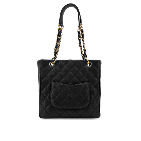 VINTAGE CHANEL PST CHAIN TOTE BAG BLACK CAVIAR SKIN GOLD HARDWARE 90321624