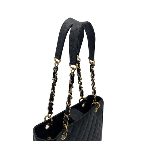 VINTAGE CHANEL PST CHAIN TOTE BAG BLACK CAVIAR SKIN GOLD HARDWARE 90321624