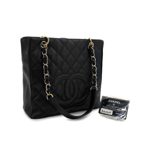 VINTAGE CHANEL PST CHAIN TOTE BAG BLACK CAVIAR SKIN GOLD HARDWARE 90321624