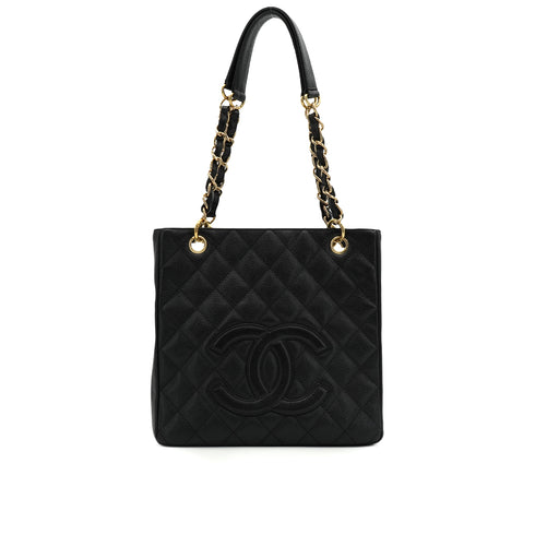 VINTAGE CHANEL PST CHAIN TOTE BAG BLACK CAVIAR SKIN GOLD HARDWARE 90344088