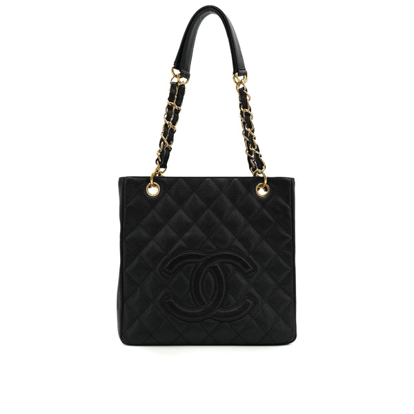 VINTAGE CHANEL PST CHAIN TOTE BAG BLACK CAVIAR SKIN GOLD HARDWARE 90344088