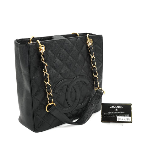 VINTAGE CHANEL PST CHAIN TOTE BAG BLACK CAVIAR SKIN GOLD HARDWARE 90344088