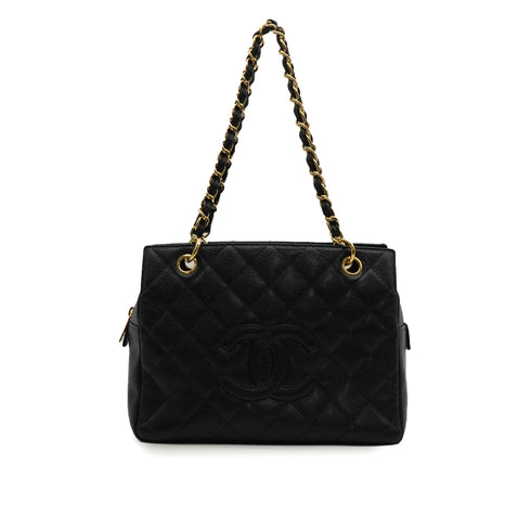 VINTAGE CHANEL PTT CHAIN TOTE BAG BLACK CAVIAR SKIN GOLD HARDWARE 90348240