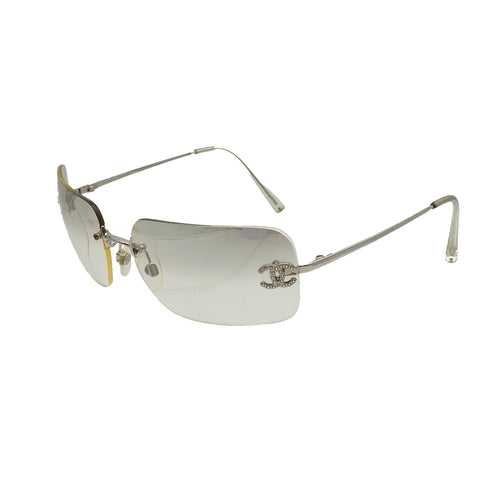 VINTAGE CHANEL RIMLESS SUNGLASSES COCOMARK RHINESTONE CLEAR SILVER EYEWEAR 90340356
