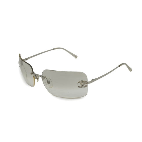 VINTAGE CHANEL RIMLESS SUNGLASSES COCOMARK RHINESTONE CLEAR SILVER EYEWEAR 90340546