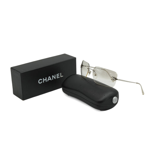 VINTAGE CHANEL RIMLESS SUNGLASSES COCOMARK RHINESTONE CLEAR SILVER EYEWEAR 90340546