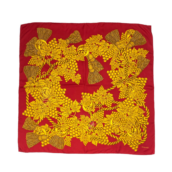 VINTAGE CHANEL COCOMARK ROPE PATTERN SCARF RED GOLD SILK 90323125