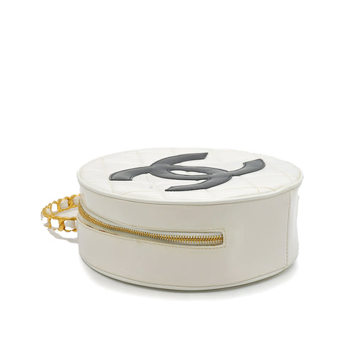 VINTAGE CHANEL ROUND VANITY HAND BAG WHITE ENAMEL GOLD HARDWARE 90347772