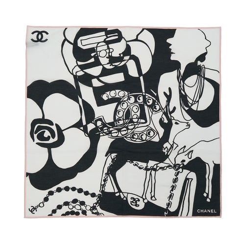 VINTAGE CHANEL SCARF CAMELLIA COCOMARK MADEMOISELLE BLACK WHITE COTTON SILK 90321176