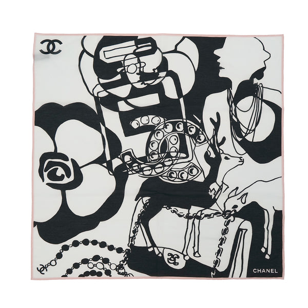 VINTAGE CHANEL SCARF CAMELLIA COCOMARK MADEMOISELLE BLACK WHITE COTTON SILK 90321176