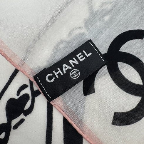 VINTAGE CHANEL SCARF CAMELLIA COCOMARK MADEMOISELLE BLACK WHITE COTTON SILK 90321176