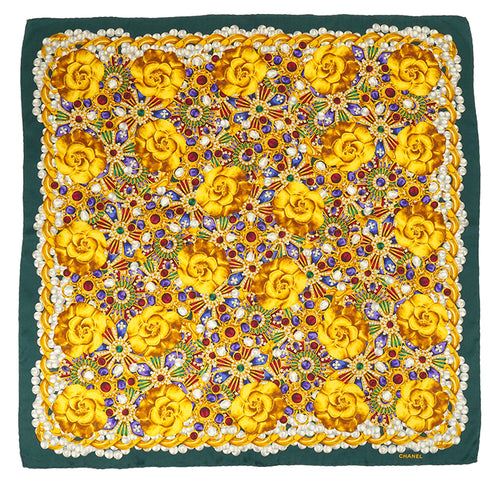 VINTAGE CHANEL SCARF CAMELLIA GRIPOIX JEWELRY PATTERN GREEN SILK 90349288