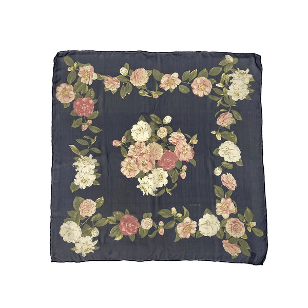 VINTAGE CHANEL SCARF CAMELLIA LOGO NAVY PINK SILK 90322057