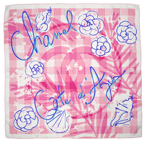 CHANEL CHECKED SCARF CAMELLIA PINK SILK 90337727