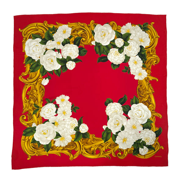 VINTAGE CHANEL SCARF CAMELLIA WHITE RED SILK 90318640
