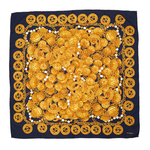VINTAGE CHANEL SCARF CHAIN COCOBUTTON PATTERN NAVY GOLD SILK 90321184
