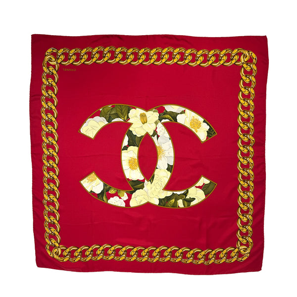 VINTAGE CHANEL SCARF COCOMARK CAMELLIA CHAIN MOTIF RED SILK 90318644