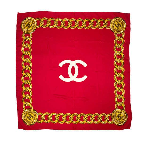 VINTAGE CHANEL SCARF COCOMARK CHAIN MOTIF RED SILK 90320177