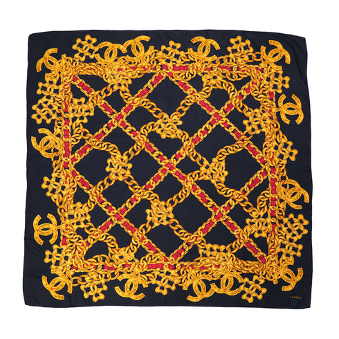 VINTAGE CHANEL SCARF COCOMARK CHAIN PATTERN BLACK GOLD SILK 90325814