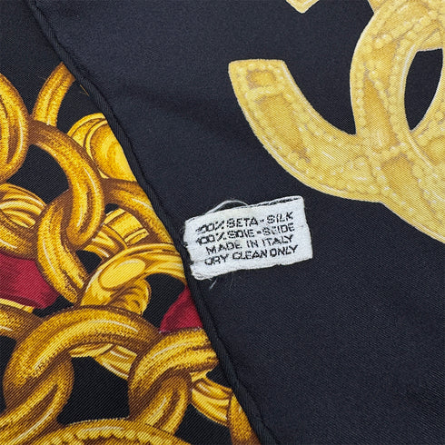 VINTAGE CHANEL SCARF COCOMARK CHAIN PATTERN BLACK GOLD SILK 90325814