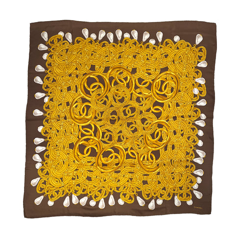 VINTAGE CHANEL SCARF COCOMARK CHAIN PATTERN BROWN YELLOW SILK 90318643