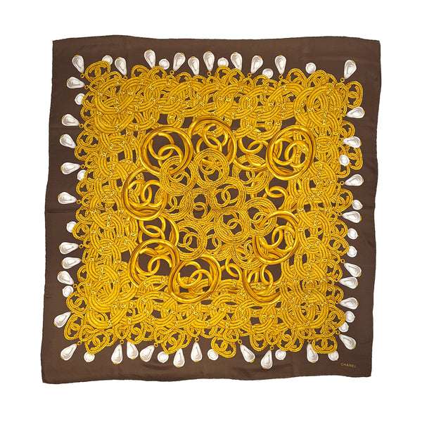 VINTAGE CHANEL SCARF COCOMARK CHAIN PATTERN BROWN YELLOW SILK 90318643