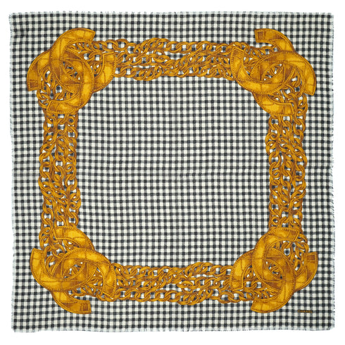 VINTAGE CHANEL SCARF COCOMARK CHAIN PATTERN CHECK WHITE BLACK GOLD SILK CACHEMIRE 90337723