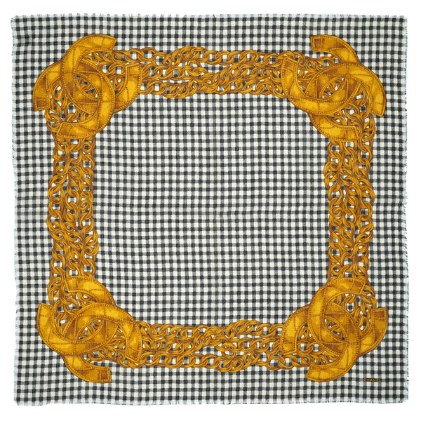 VINTAGE CHANEL SCARF COCOMARK CHAIN PATTERN CHECK WHITE BLACK GOLD SILK CACHEMIRE 90337723