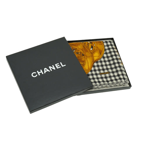 VINTAGE CHANEL SCARF COCOMARK CHAIN PATTERN CHECK WHITE BLACK GOLD SILK CACHEMIRE 90337723