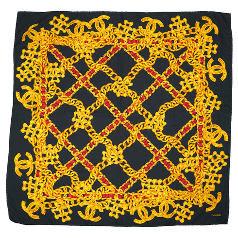 VINTAGE CHANEL SCARF COCOMARK CHAIN PATTERN GOLD BLACK SILK 90341470