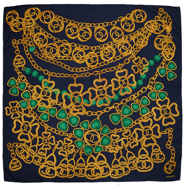 VINTAGE CHANEL SCARF COCOMARK CHAIN PATTERN GOLD NAVY 90338265