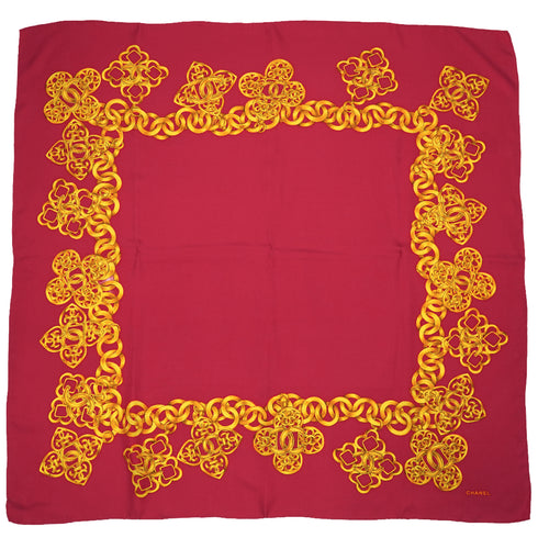 VINTAGE CHANEL SCARF COCOMARK CHAIN PATTERN GOLD RED SILK 90339442