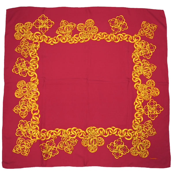 VINTAGE CHANEL SCARF COCOMARK CHAIN PATTERN GOLD RED SILK 90339442