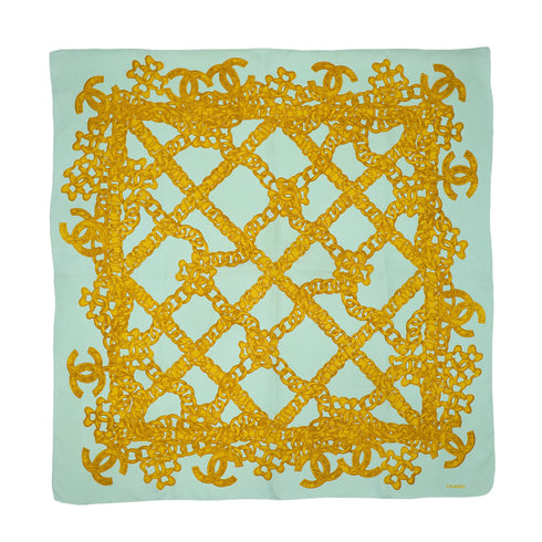 VINTAGE CHANEL SCARF COCOMARK CHAIN PATTERN LIGHT GREEN GOLD SILK 90331694