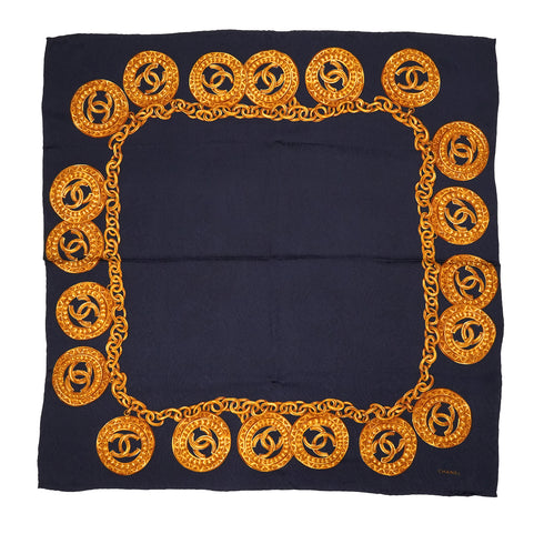 VINTAGE CHANEL SCARF COCOMARK CHAIN PATTERN NAVY GOLD SILK 90334509