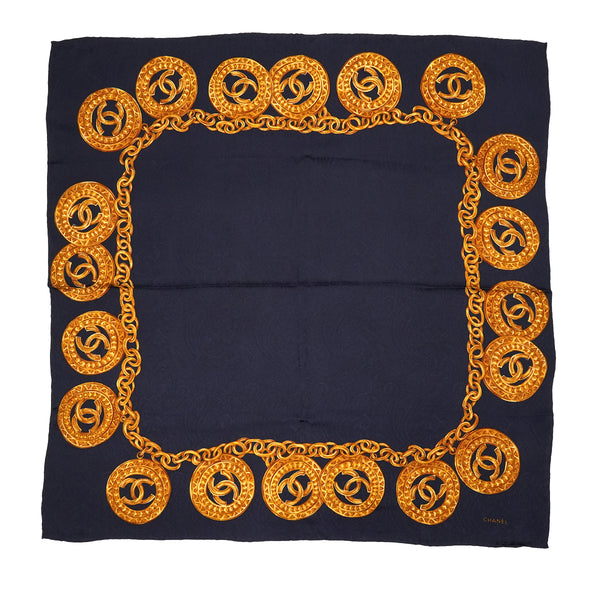 VINTAGE CHANEL SCARF COCOMARK CHAIN PATTERN NAVY GOLD SILK 90334509