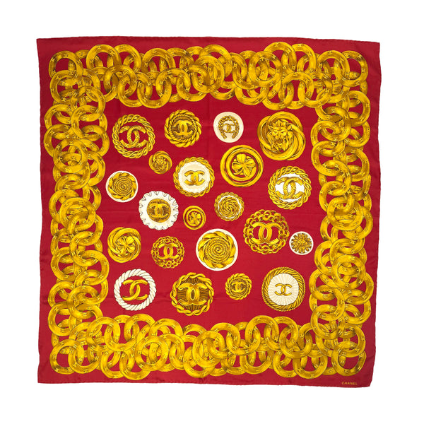 VINTAGE CHANEL SCARF COCOMARK CHAIN PATTERN RED GOLD SILK 90318646