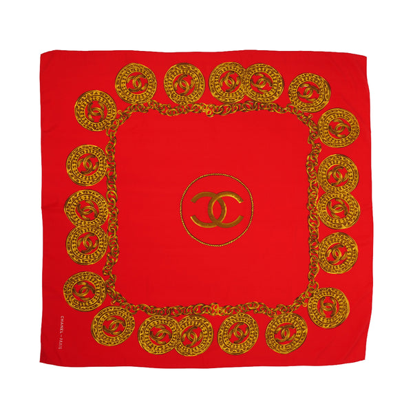 VINTAGE CHANEL SCARF COCOMARK CHAIN PATTERN RED GOLD SILK 90319723