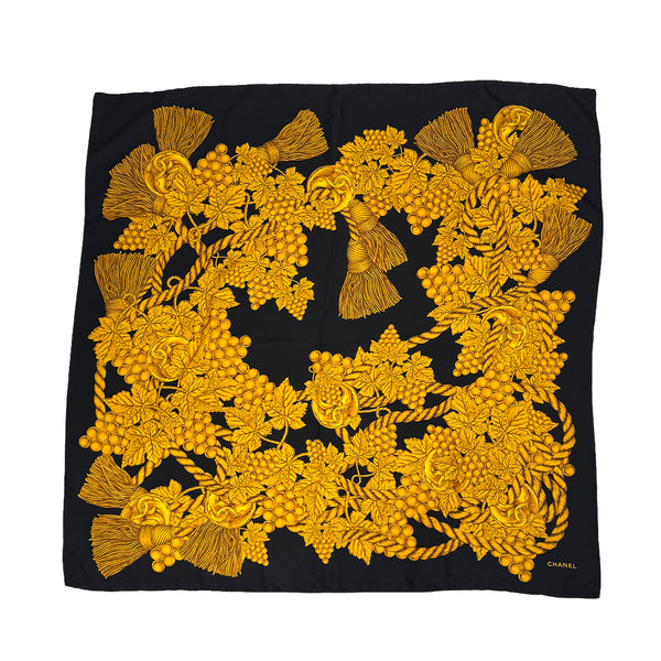 VINTAGE CHANEL SCARF COCOMARK GRAPES PATTERN BLACK YELLOW SILK 90318295