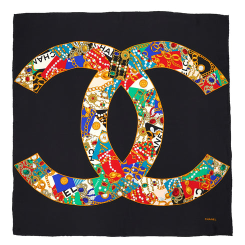 VINTAGE CHANEL SCARF COCOMARK GRIPOIX JEWELRY PATTERN BLACK SILK 90332934