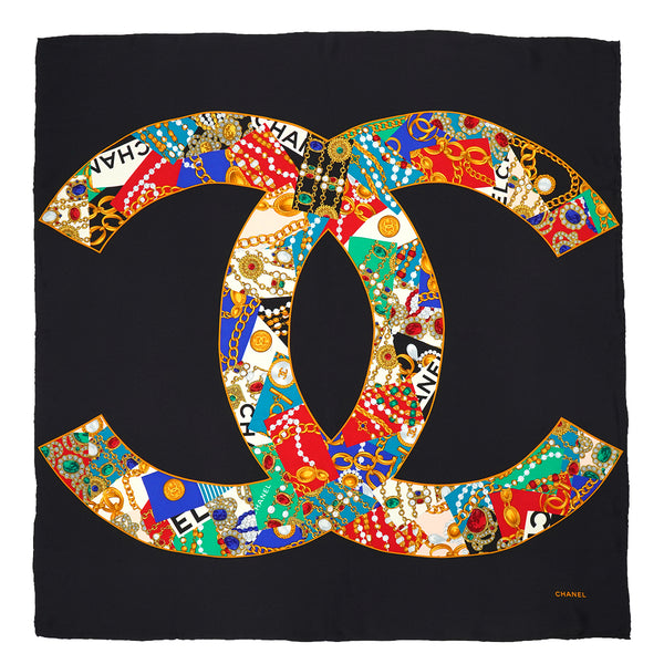 VINTAGE CHANEL SCARF COCOMARK GRIPOIX JEWELRY PATTERN BLACK SILK 90332934