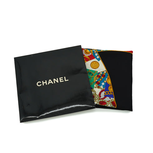 VINTAGE CHANEL SCARF COCOMARK GRIPOIX JEWELRY PATTERN BLACK SILK 90332934