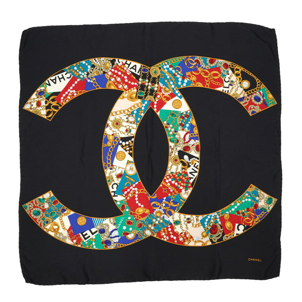 VINTAGE CHANEL SCARF COCOMARK GRIPOIX JEWELRY PATTERN BLACK SILK 90334234