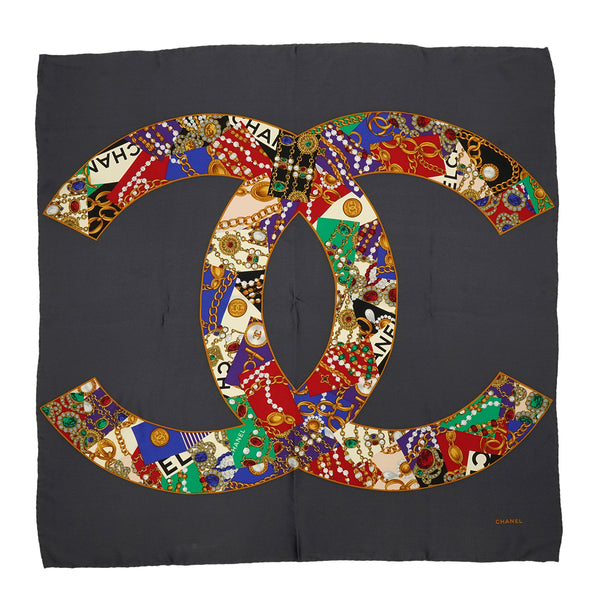 VINTAGE CHANEL SCARF COCOMARK GRIPOIX JEWELRY PATTERN GRAY SILK 90334250