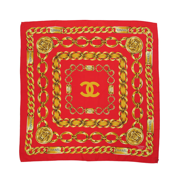 VINTAGE CHANEL SCARF COCOMARK LOGO CHAIN PATTERN RED GOLD SILK 90319711