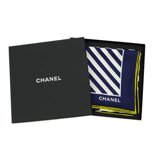 VINTAGE CHANEL SCARF COCOMARK STRIPE PATTERN NAVY WHIITE YELLOW SILK 90340540
