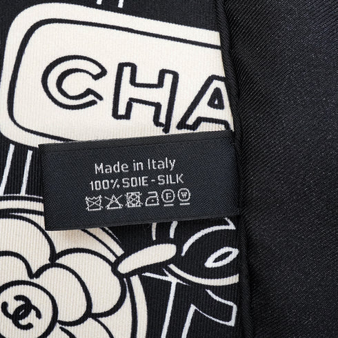 VINTAGE CHANEL SCARF COCOMARK ICON MOTIF WHITE BLACK SILK 90343251