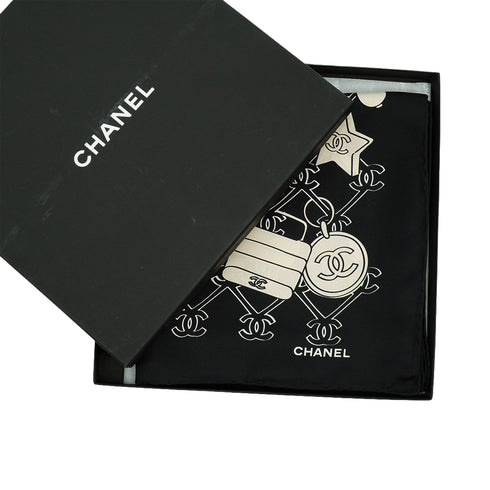 VINTAGE CHANEL SCARF COCOMARK ICON MOTIF WHITE BLACK SILK 90343251