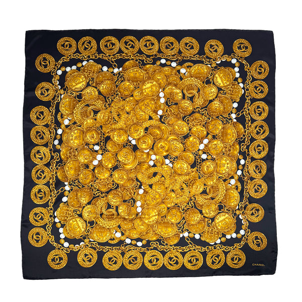 VINTAGE CHANEL SCARF LOGO CHAIN PATTERN BLACK GOLD SILK 90318647