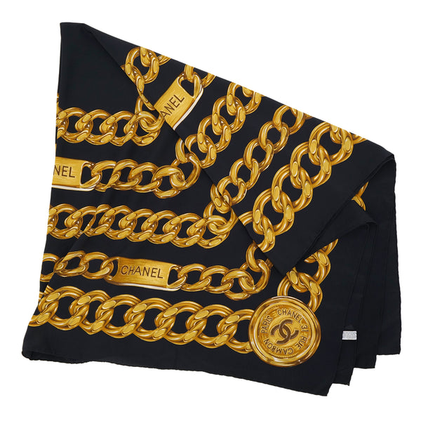VINTAGE CHANEL SCARF LOGO CHAIN PATTERN BLACK GOLD SILK 90319715